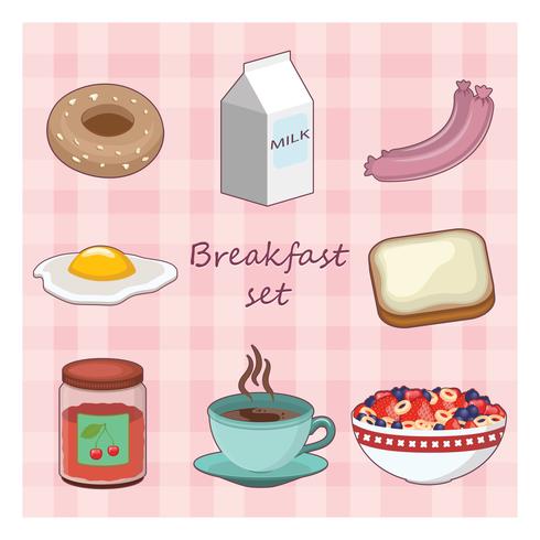 Colección de varios artículos de comida de desayuno vector