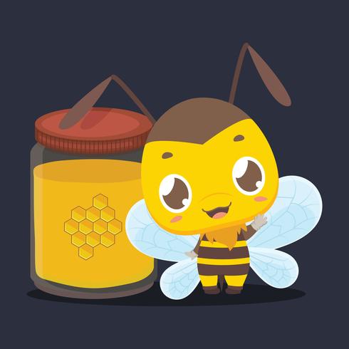 Cute little bee standing next to a jar of honey vector