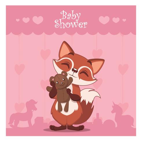 Tarjeta de baby shower con un lindo zorro sosteniendo un osito de peluche. vector