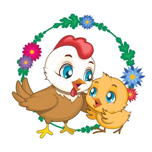 Hen and chick illustration with flower background  for Easter, Mother's Day etc.  vector