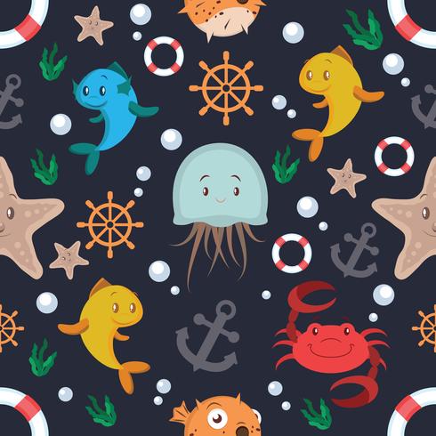 Sea animals and objects seamless pattern vector