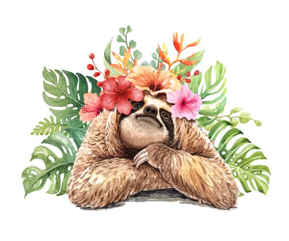 Watercolor sloth with tropical flower bouquet. vector