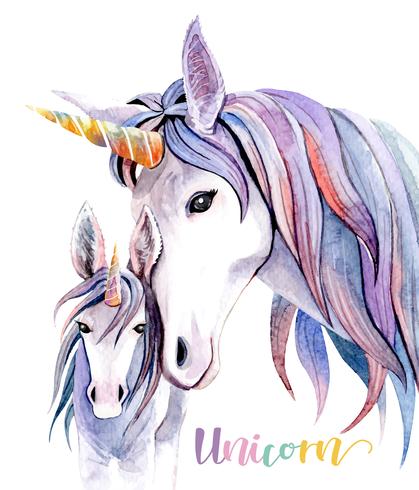 Acuarela ilustración mamá unicornio y bebé unicornio. vector