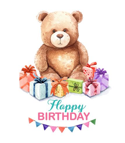 Watercolor teddy with gift box. vector