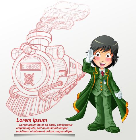Officer of train station and outline train. vector