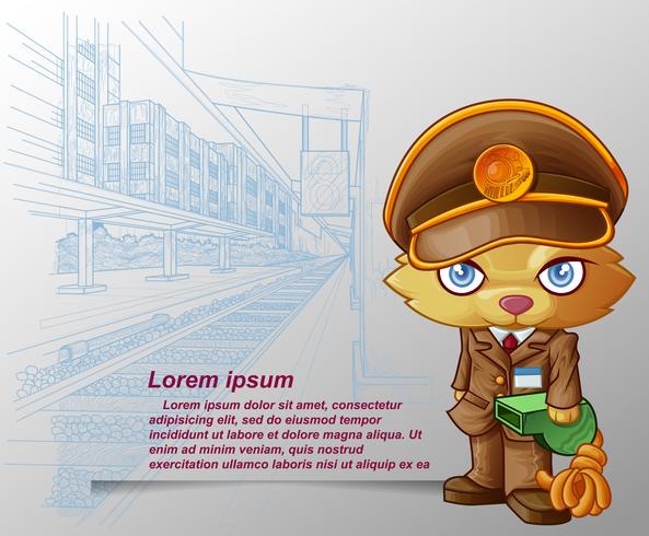 Train staff cat is carrying green whistle in cartoon style and sketched platform background. vector