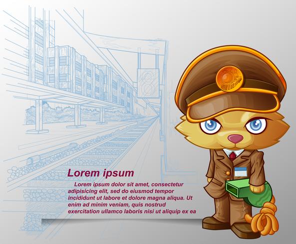 El gato del personal del tren lleva silbato verde en estilo de dibujos animados y fondo de plataforma esbozada. vector