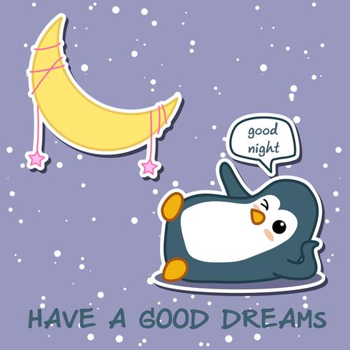Pingüino dice buenas noches con luna. vector