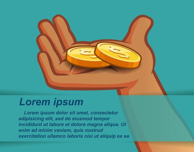 2 golden coins in hand on Blue green background. vector