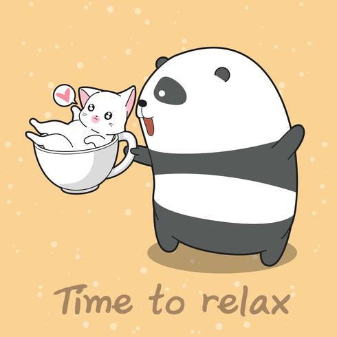 Panda y gato a tiempo para relajarse. vector