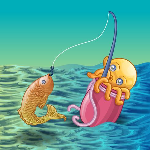 Squid is fishing in cartoon style. vector