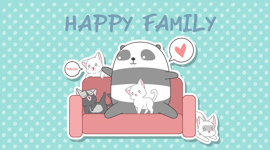 Panda and 4 cats in cartoon style. vector