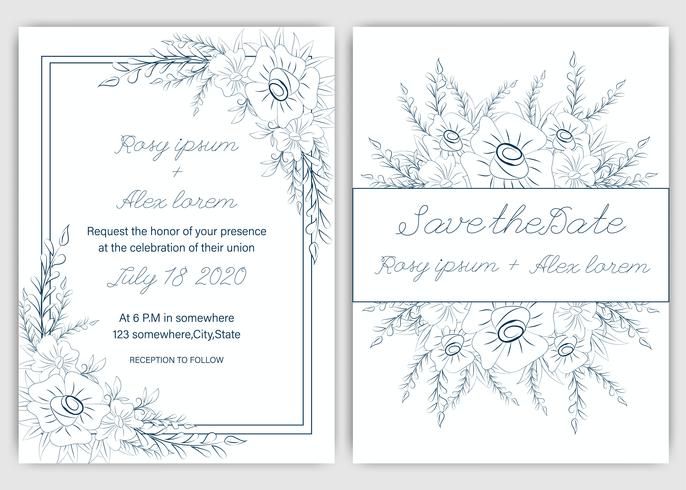 Tarjeta de invitación de boda Marco dibujado a mano floral. vector