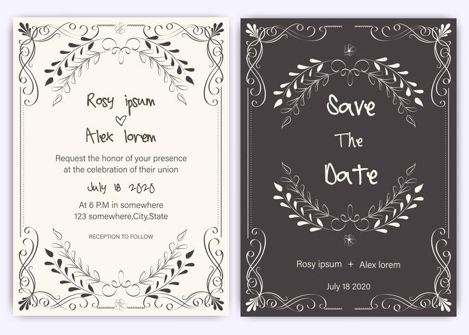 Tarjeta de invitación de boda Marco dibujado a mano floral. vector