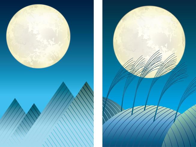Conjunto de montañas y colinas ilustraciones de fondo bajo la luna llena. vector