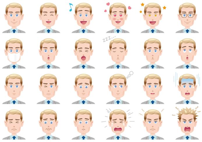 Businessman various facial expressions set. Vector characters isolated on a white background.