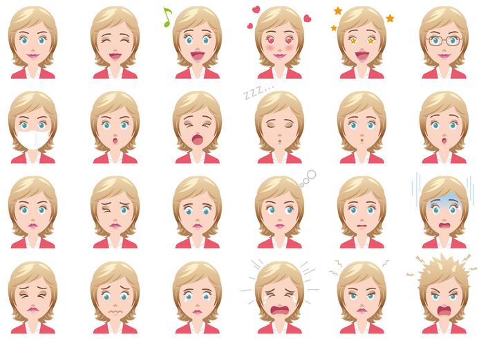 Businesswoman various facial expressions set. vector