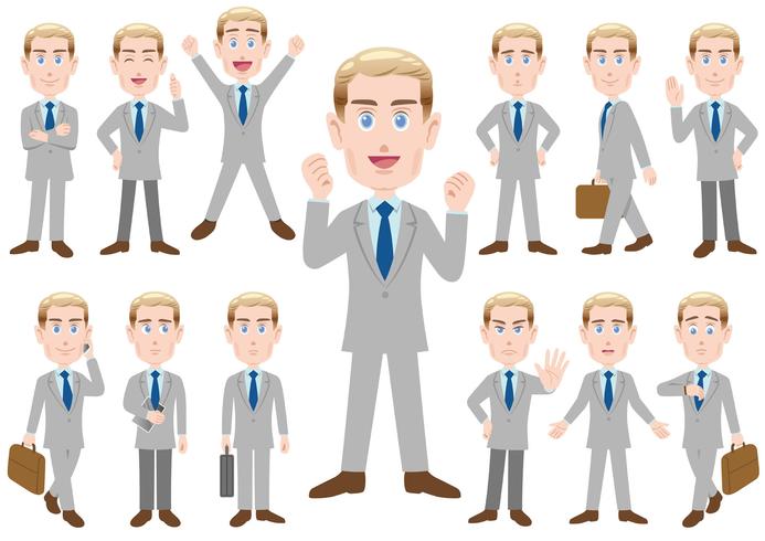 Businessman in different poses isolated on white background.