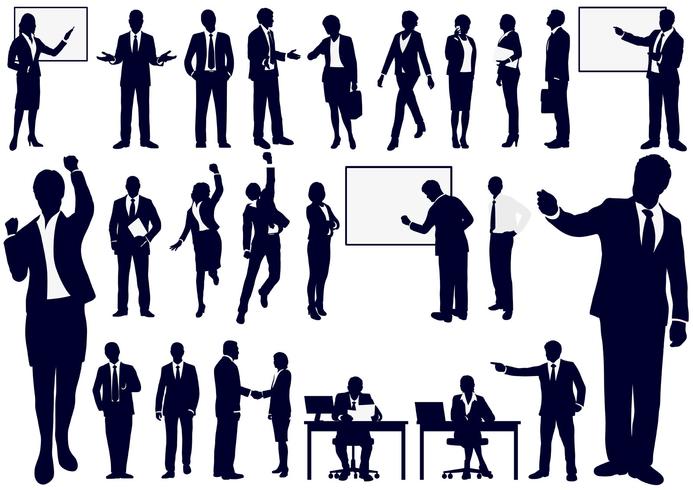 Set of business people in action silhouettes. vector