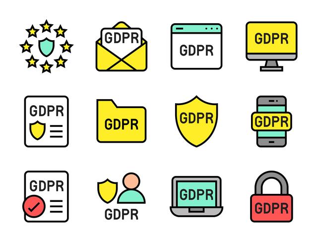 Conjunto de iconos de Regulación de protección de datos general de GDPR, estilo relleno vector