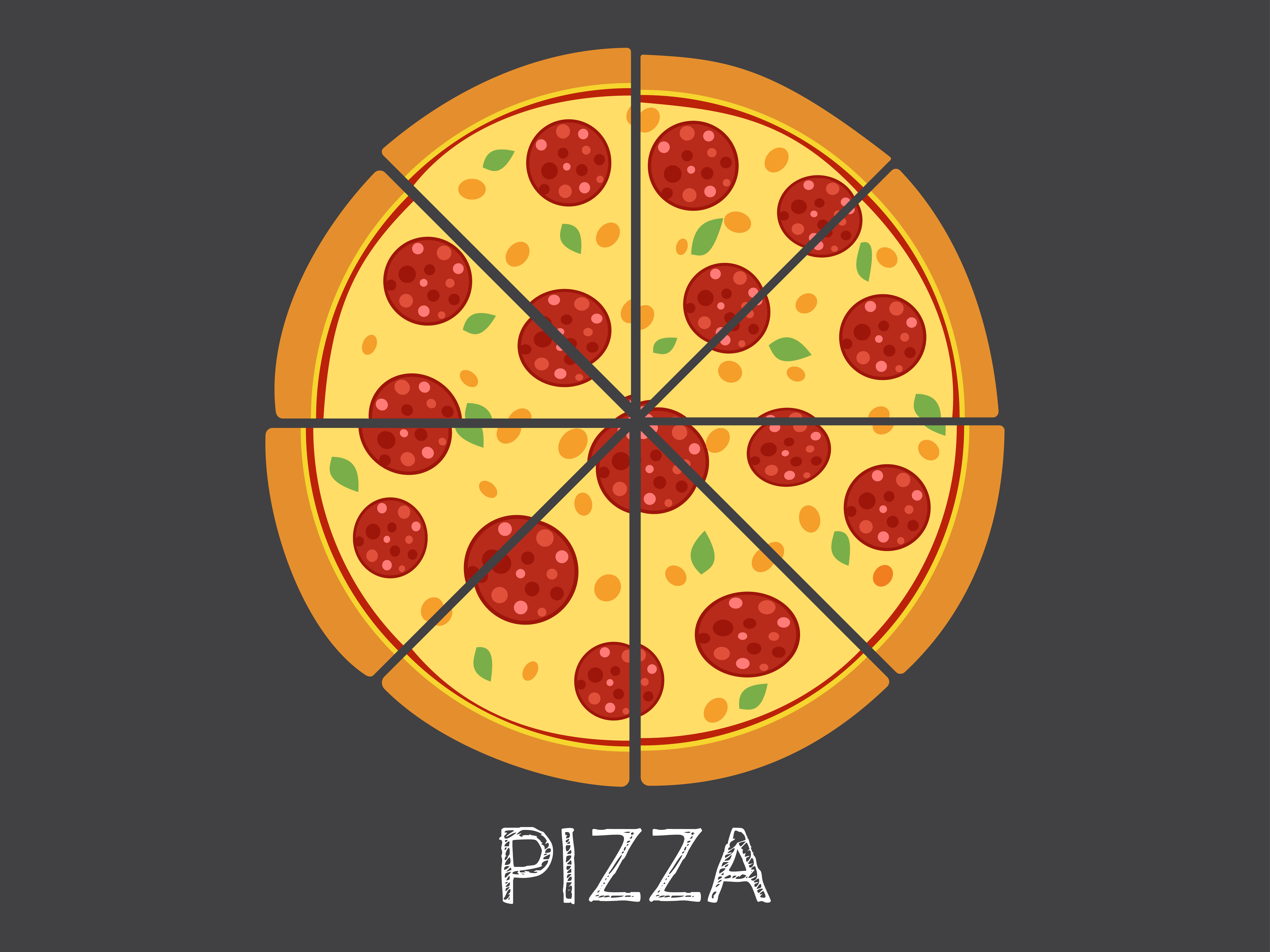 Vector Illustration whole and slice pizza isolated on black background