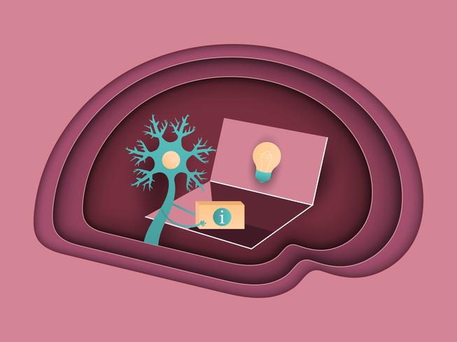 Neurons transmit information to the brain. Vector flat illustration cut out of paper.