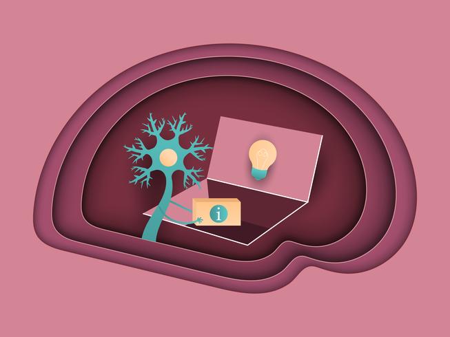 Las neuronas transmiten información al cerebro. Vector ilustración plana cortada de papel.