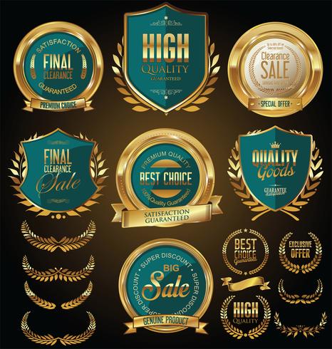 Insignias y etiquetas de oro premium de lujo vector