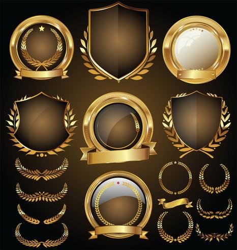 Insignias y etiquetas de oro premium de lujo vector