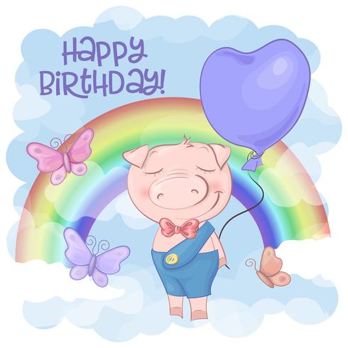 Illustration of a cute pig cartoon on a rainbow background. Vector