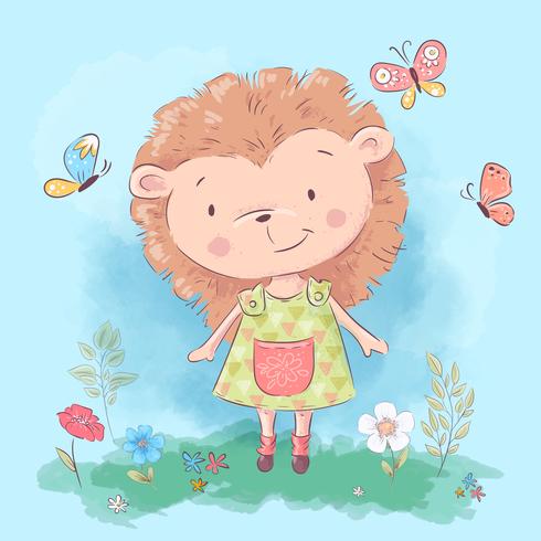 Postcard cute hedgehog flowers and butterflies. Cartoon style. Vector