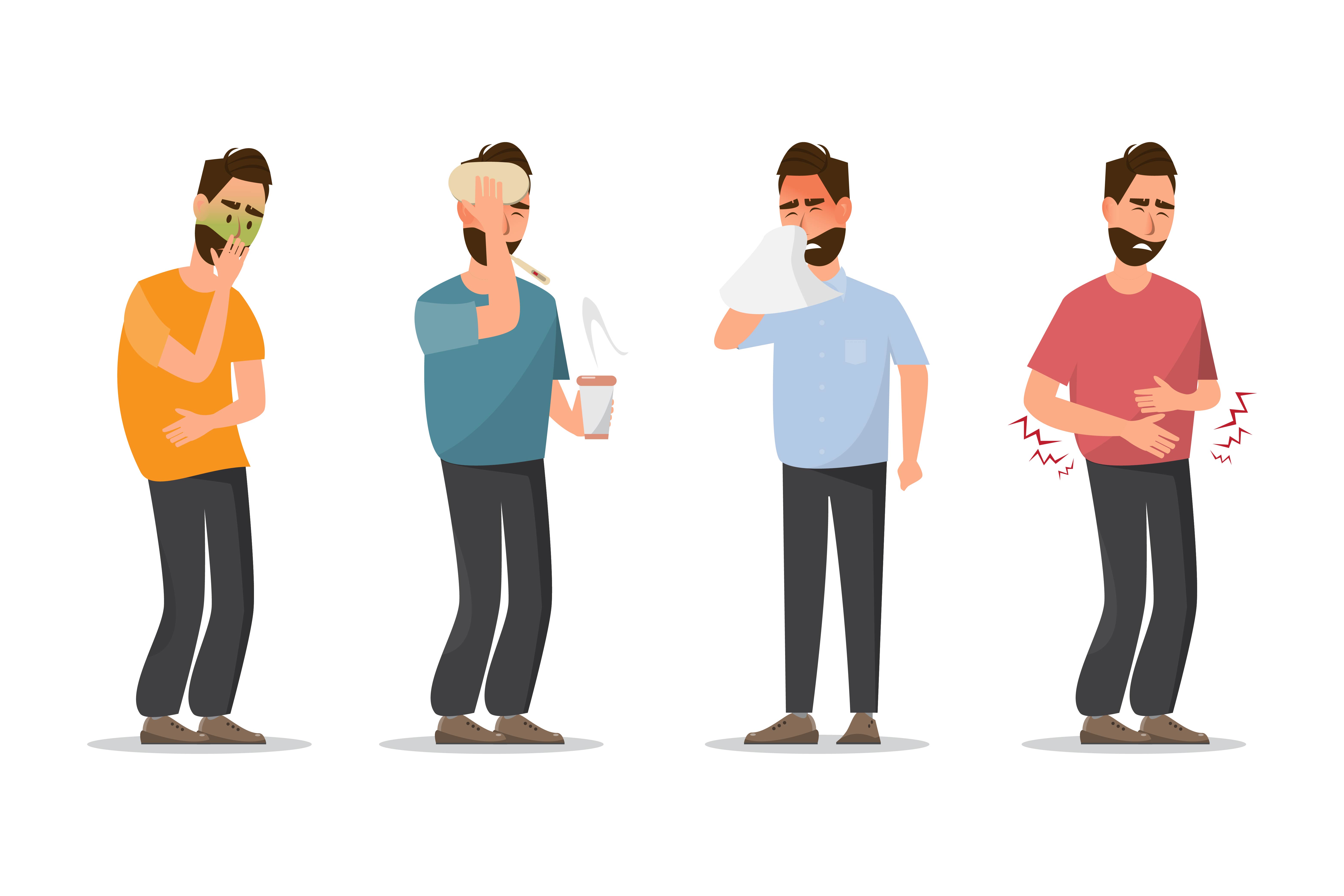 Conjunto de personas enfermas que se sienten mal, dolor de cabeza