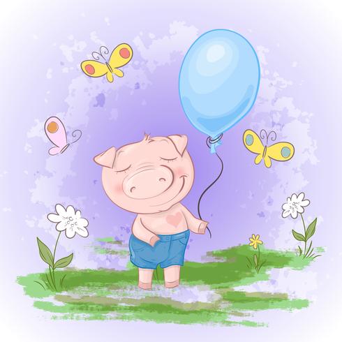 Postcard cute, pig with a balloon flowers and butterflies. Cartoon style. Vector