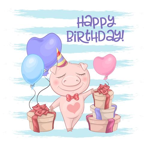 Postcard cute pig with balloons. Cartoon style Vector
