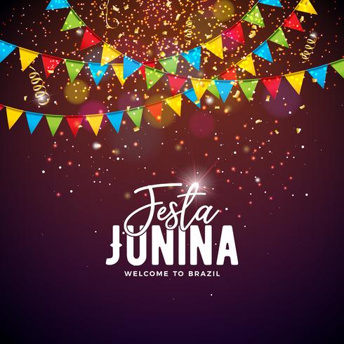 Ilustración de Festa Junina con banderas de fiesta y letra de tipografía sobre fondo de confeti. Vector Brasil Junio Festival Diseño