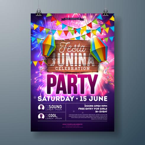 Festa Junina Party Flyer Design with Flags, Paper Lantern and Typography Design on Firework Background. Vector Traditional Brazil June Festival Illustration