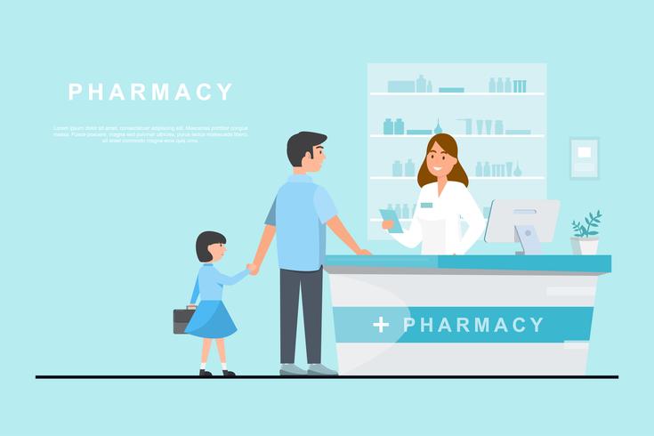 pharmacy with pharmacist and client in counter vector