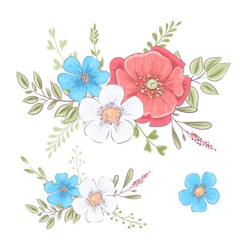 Conjunto de flores silvestres y mariposas. Dibujo a mano. Ilustración vectorial vector