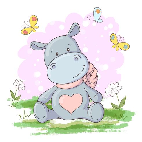 Postcard cute, Hippo flowers and butterflies Cartoon style. Vector