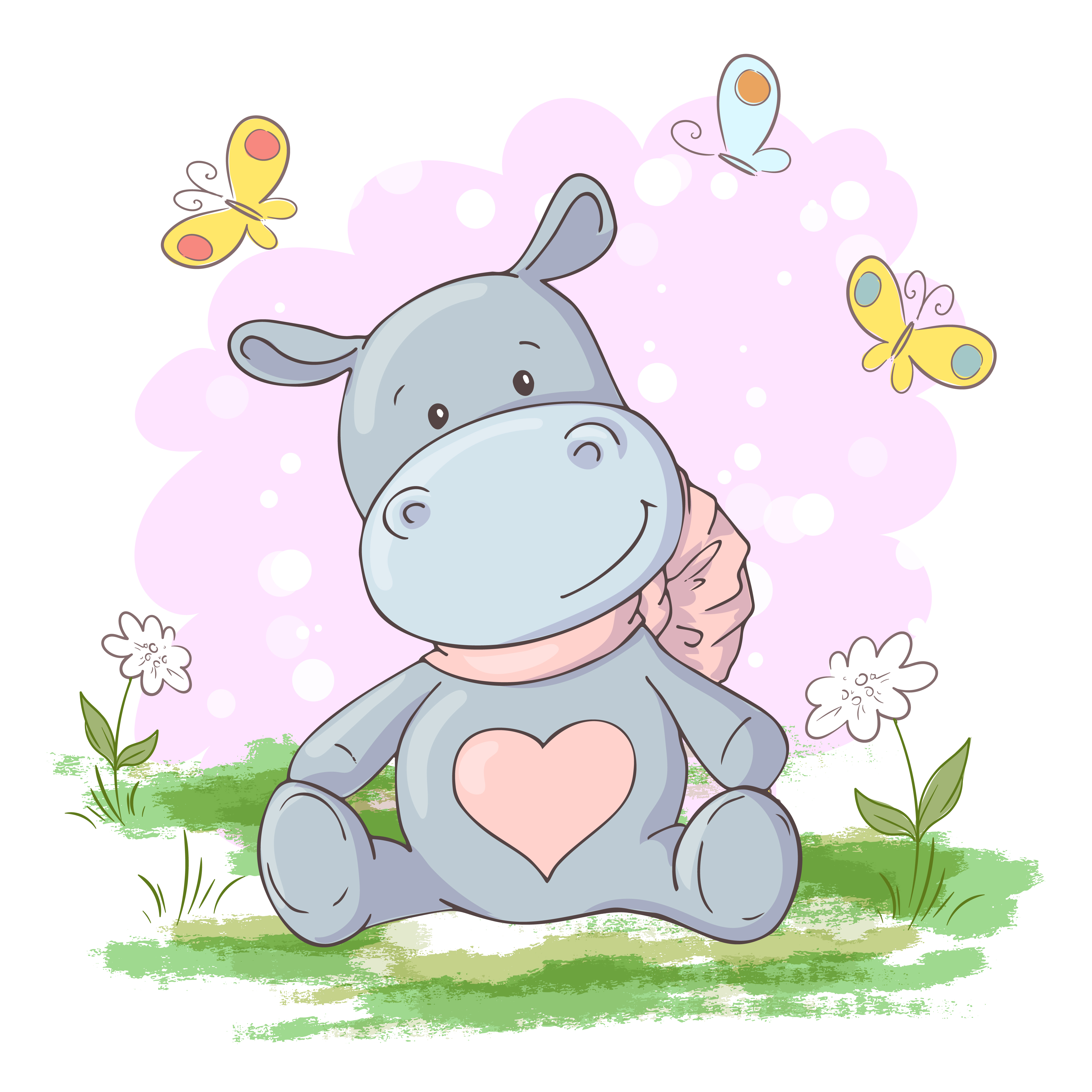 Postal linda, flores de hipopótamo y mariposas estilo de dibujos animados.  Vector 535455 Vector en Vecteezy