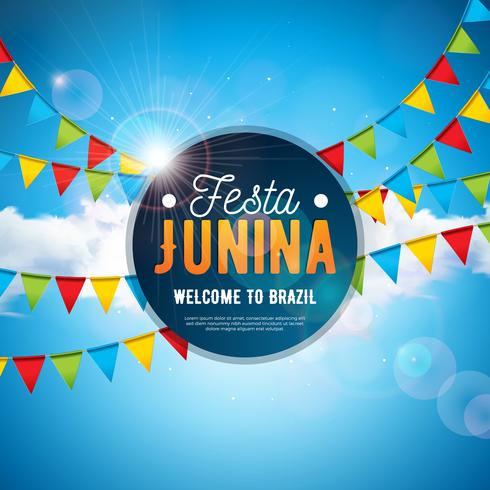 Ejemplo de Festa Junina con las banderas del partido y la letra de la tipografía en fondo azul de cielo nublado. Vector Brasil Junio Festival Diseño