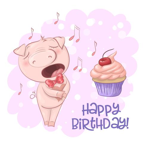 Postcard cute singing pig with a cupcake and notes. Cartoon style. Vector