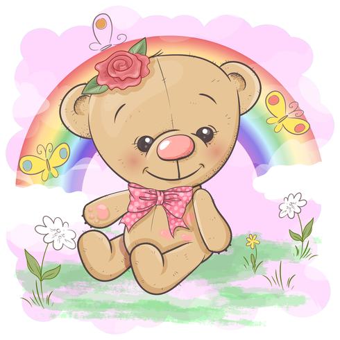 Postcard cute bear on the background of the rainbow and balloon. Cartoon style. Vector