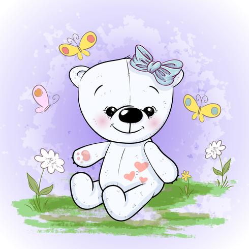 Postal linda del oso polar de flores y mariposas. Estilo de dibujos animados vector