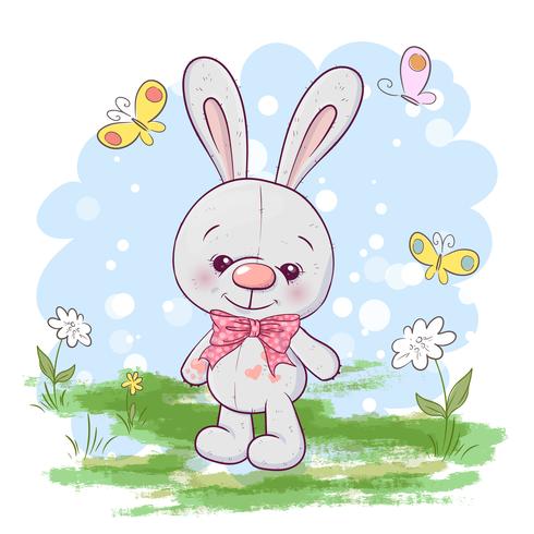 Illustration postcard cute little hare flowers and butterflies. Print on clothes and children's room vector