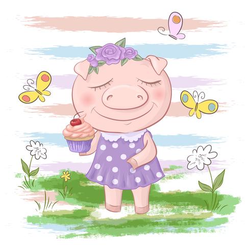 Postcard cute pig flowers and butterflies. Cartoon style vector
