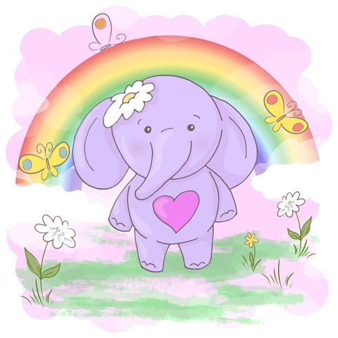 Postcard cute little elephant flowers and butterflies. Cartoon style vector