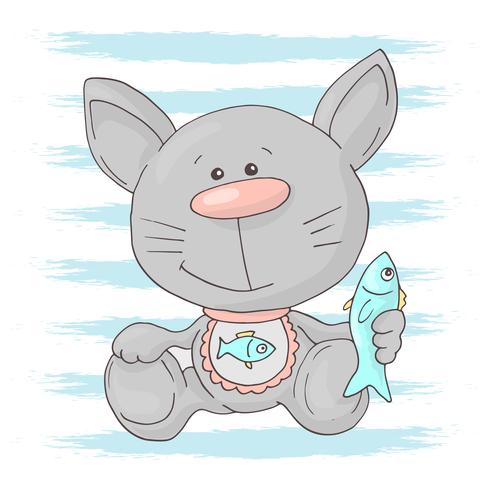 Postcard cute kitten with fish. Cartoon style vector