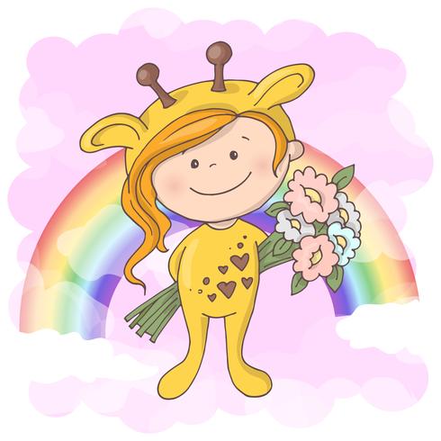 Postcard cute girl on the background of the rainbow. Cartoon style vector