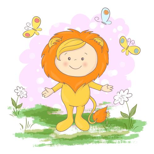 Postcard cute lion cub flowers and butterflies. Cartoon style vector